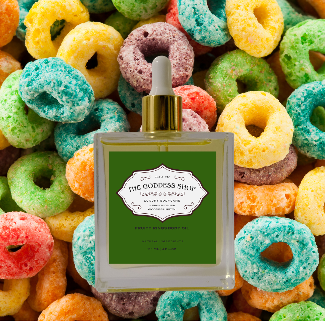 bottle of fruity loop body oil with fruity loop cereal in the background